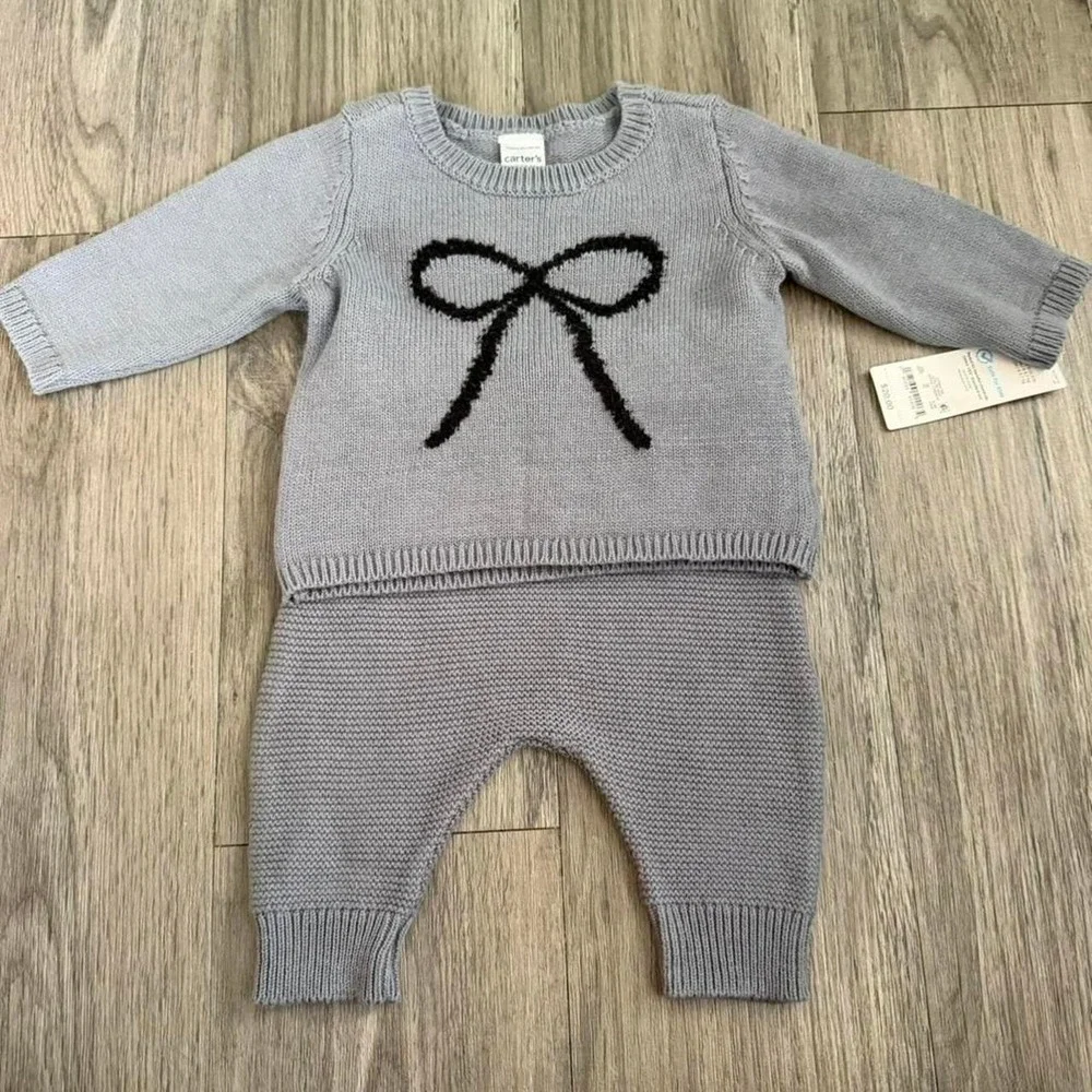 Gray Baby Girl Knit Carter's Sweater Pants Set Bow Design Size 3 Months NWT